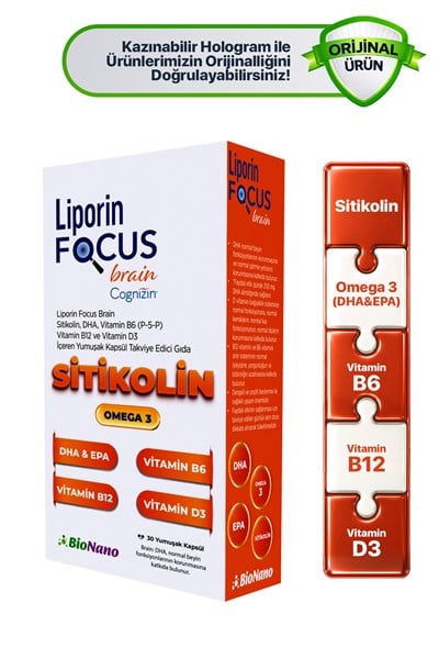 Liporin Focus Brain Sitikolin-Omega 3-DHA-EPA-B12-D3-B6 İçeren Takviye Edici Gıda 30 Kapsül