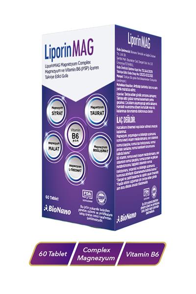 LiporinMAG- Magnezyum Complex (Sitrat, Malat, Bisglisinat, Taurat, L-Treonat) ve Vitamin B6 (P5P)  200 mg Takviye Edici Gıda 60 Tablet