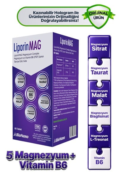 LiporinMAG Magnezyum Complex (Sitrat, Malat, Bisglisinat, Taurat, L-Treonat) B6 200 mg 60 Tablet