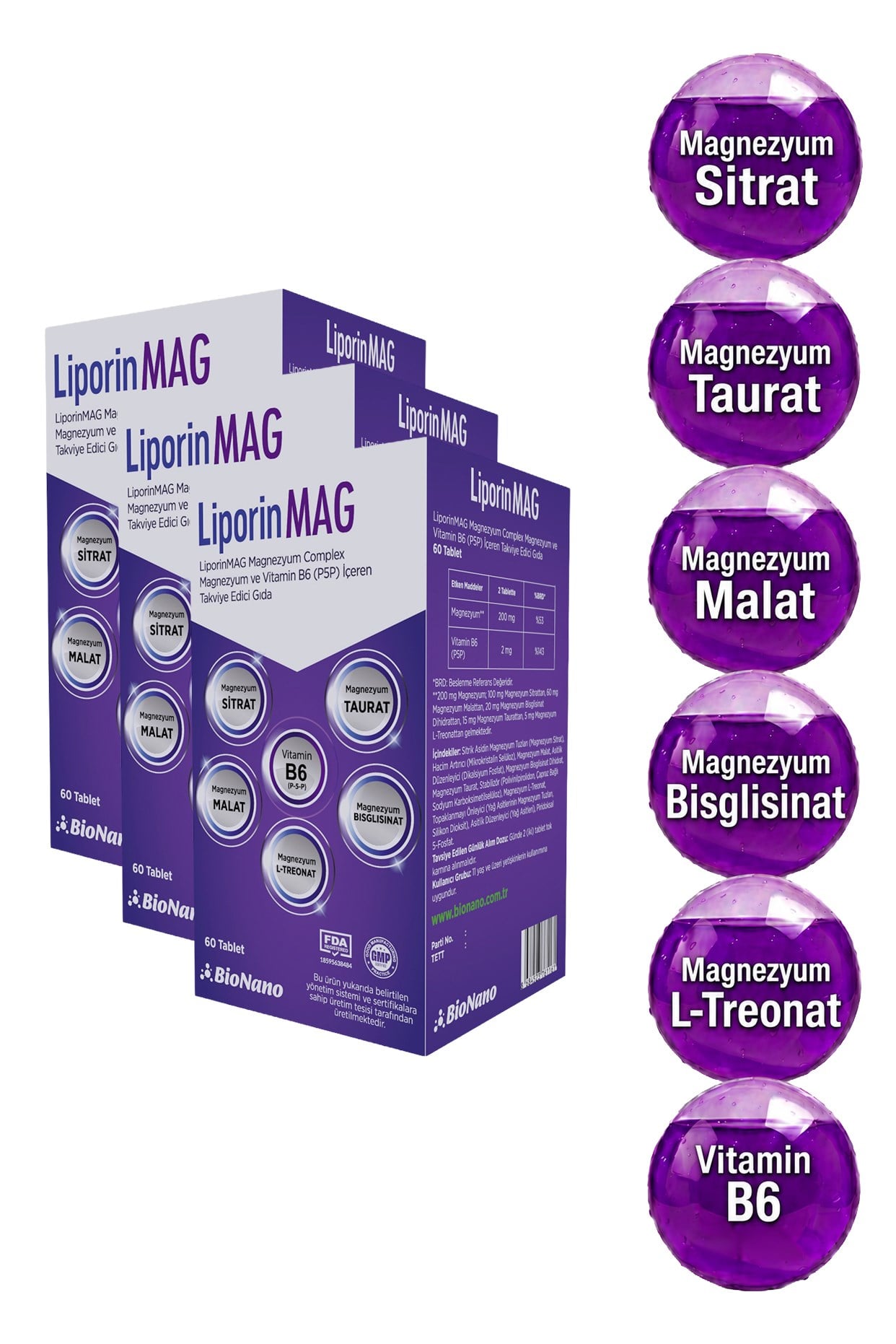 3 Kutu LiporinMAG Magnezyum Complex (Sitrat, Malat, Bisglisinat, Taurat, L-Treonat) B6 200 mg