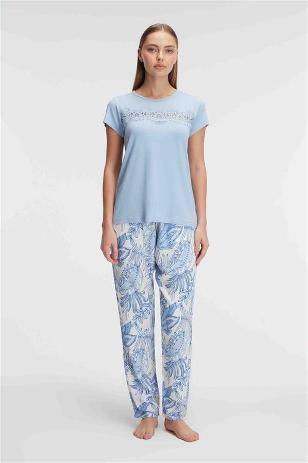 Anıl 9885 Kısa Kol Bisiklet Yaka Kadın Viskon Çiçek Desenli Yazlık ÖRME Dantel Detaylı Pijama Takımı