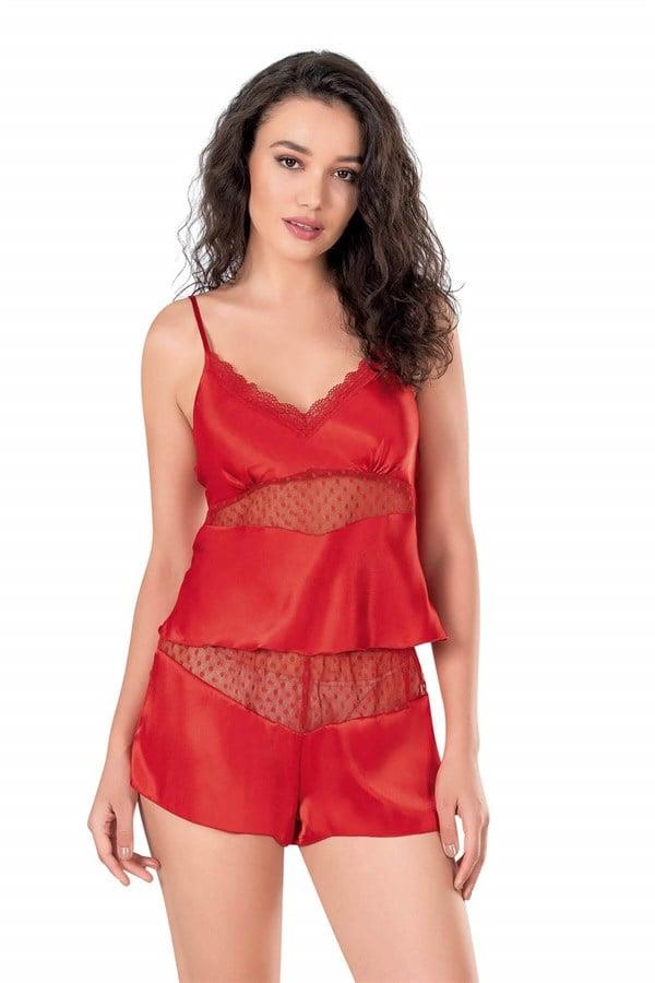 Arias Closet Kırmızı Saten Babydoll Şort Takımı
