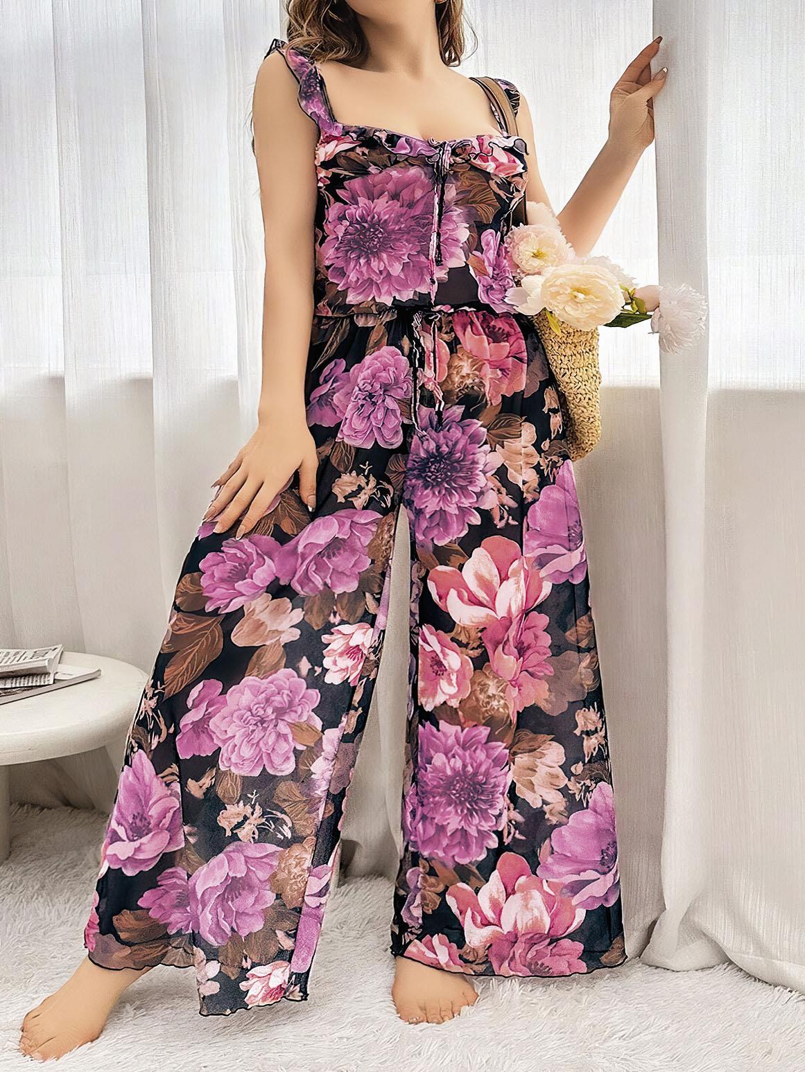 Arias Closet Özel Tasarım Büyük Beden Çiçek Desenli Bol Kesim 2'li Pijama Takımı