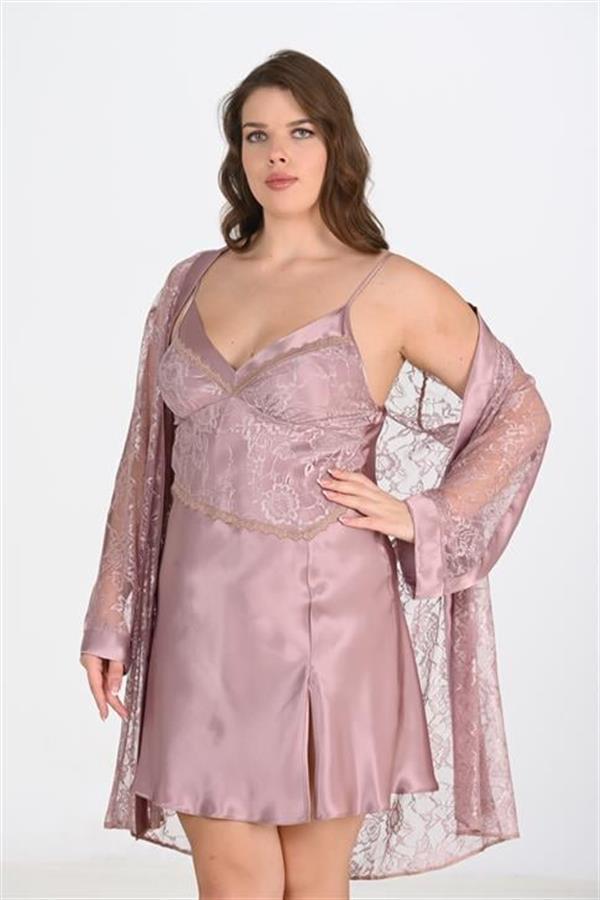 Arias Closet Premium Büyük Beden Saten Dantel İşlemeli Vizon 2'li Gecelik Sabahlık Takımı Bigsize