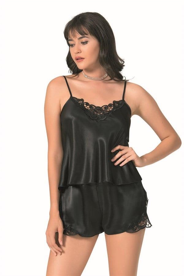 Arias Closet Siyah Saten Babydoll Şort Takımı
