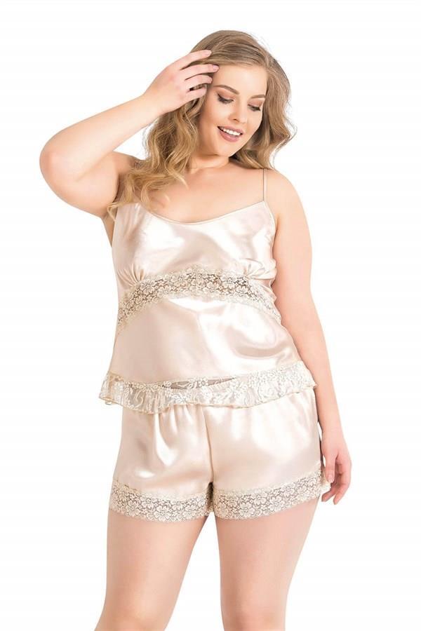 Markano  Büyük Beden Fildişi Saten Babydoll Şort Takımı