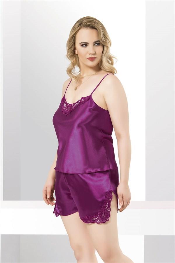 Markano  Büyük Beden Mor Saten Babydoll Şort Takımı