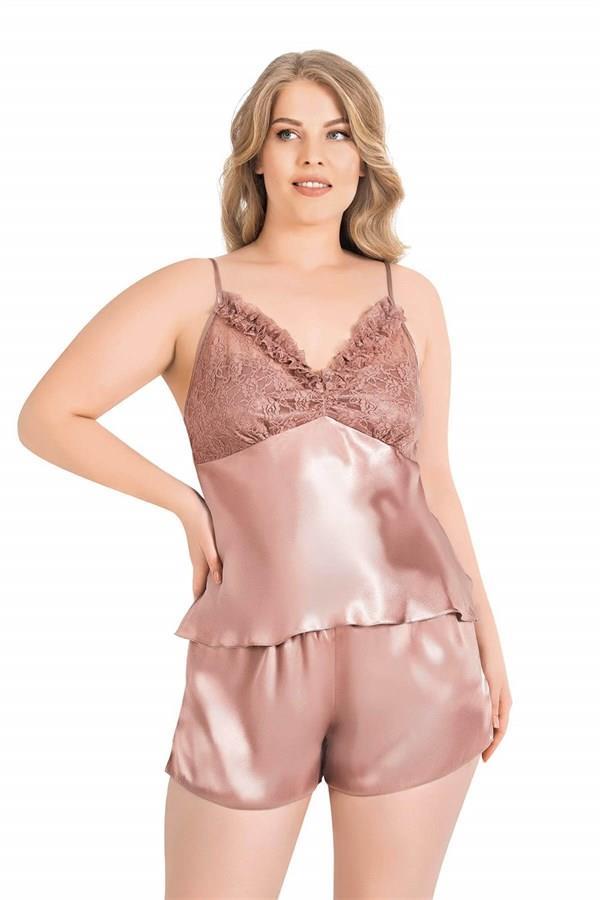 Markano  Büyük Beden Vizon Saten Babydoll Şort Takımı