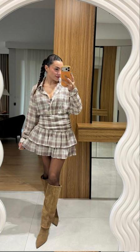 Ekoseli Mini Etek ve Gömlek İkili Takım
