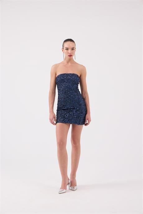 Markano Payetli Straplez Mini Genesis Elbise Lacivert