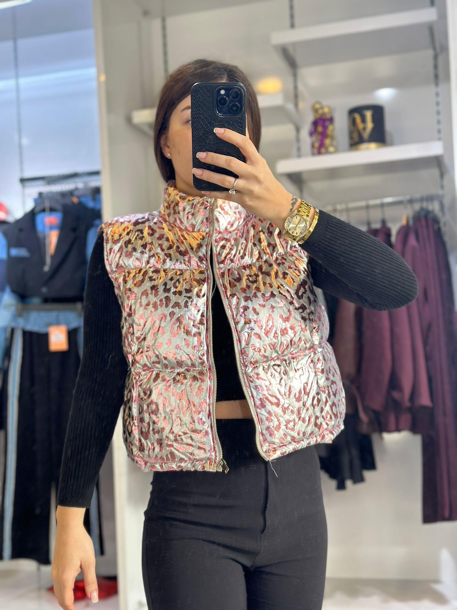 Gri Pembe Parlak Leopar Yelek