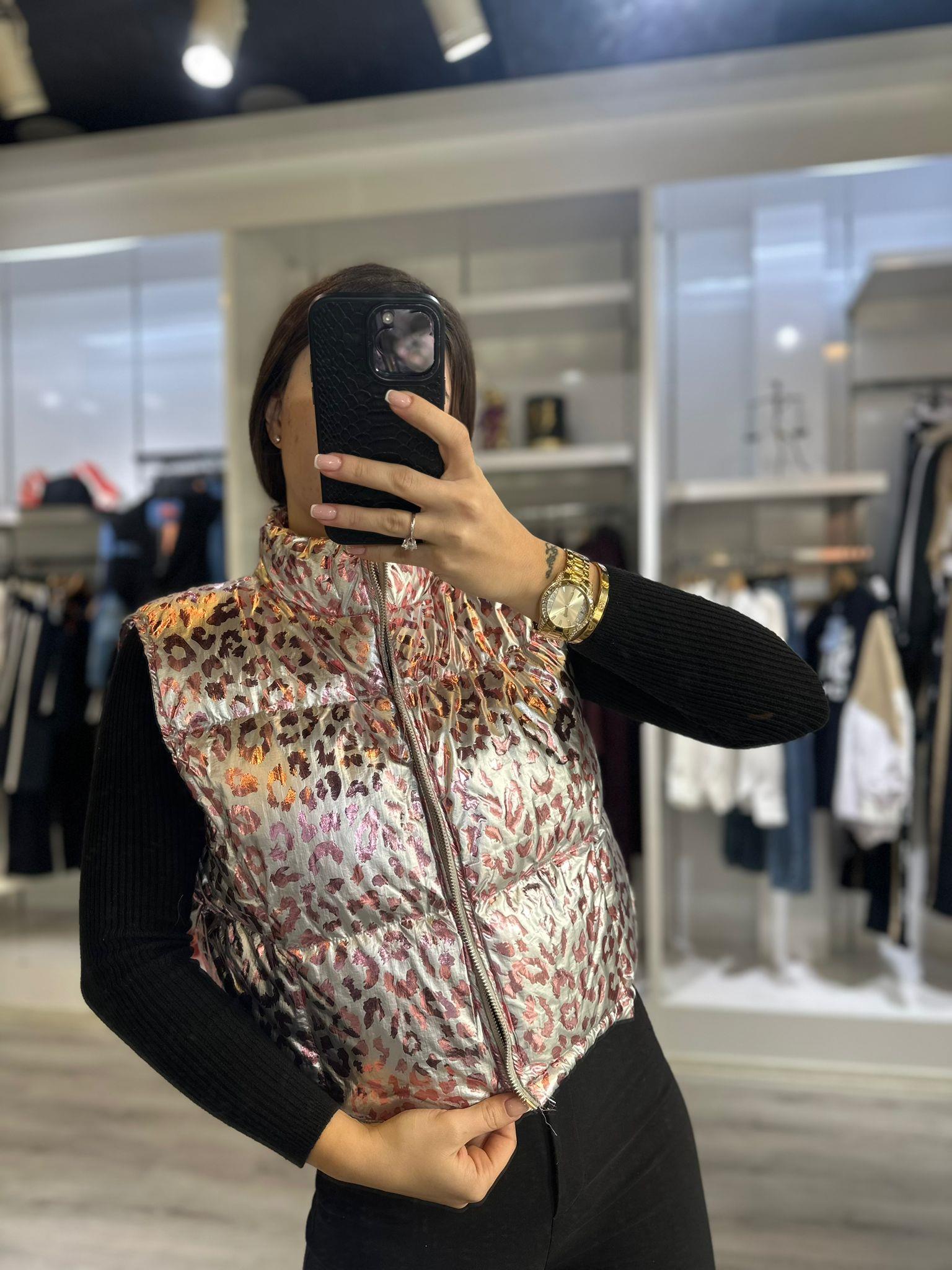 Gri Pembe Parlak Leopar Yelek