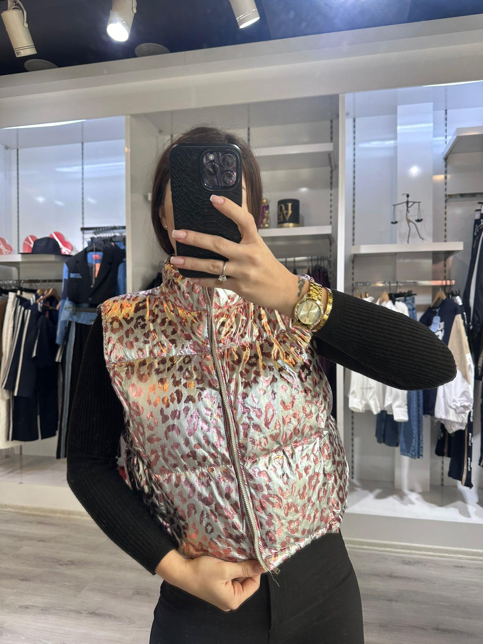 Gri Pembe Parlak Leopar Yelek