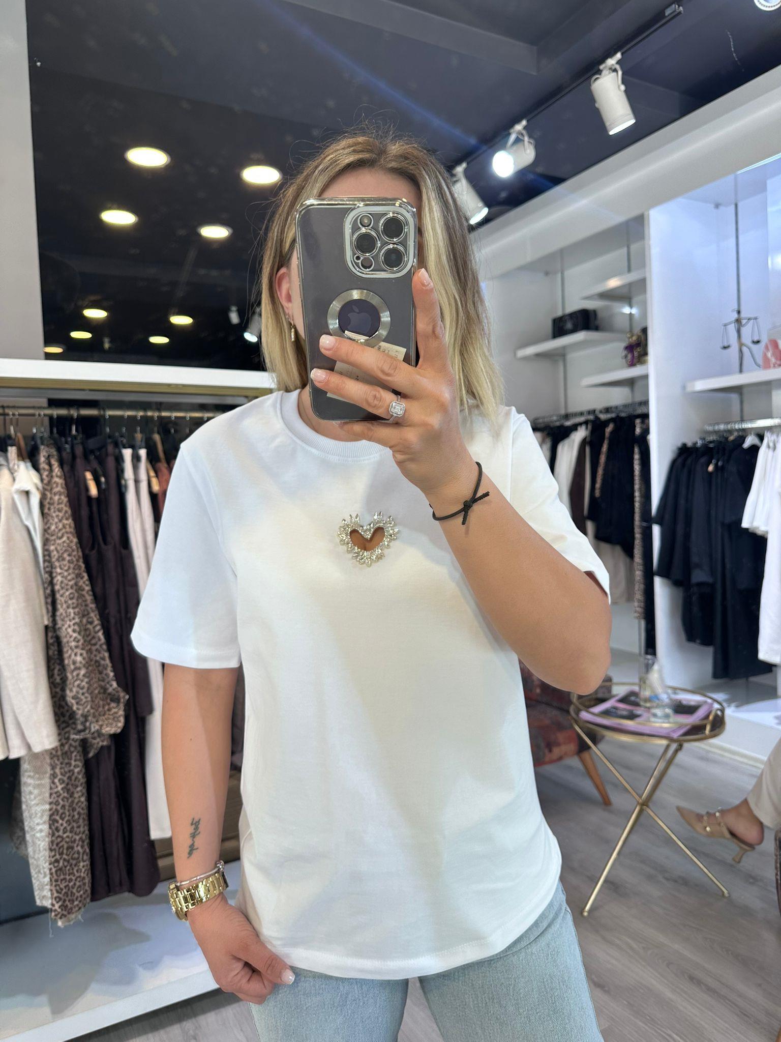 Silver Kalp Detay Beyaz Tshirt