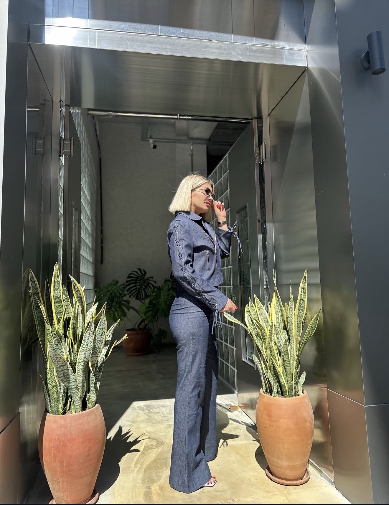 Tasarım Kuş Gözü Detaylı Denim Ceket