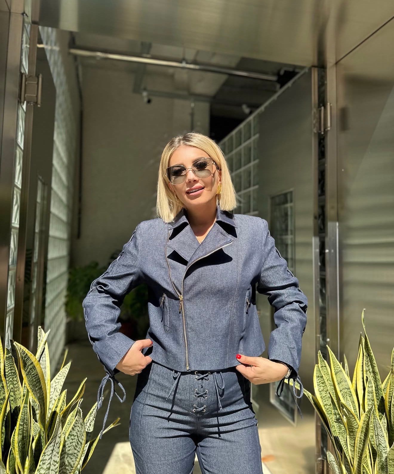 Tasarım Kuş Gözü Detaylı Denim Ceket
