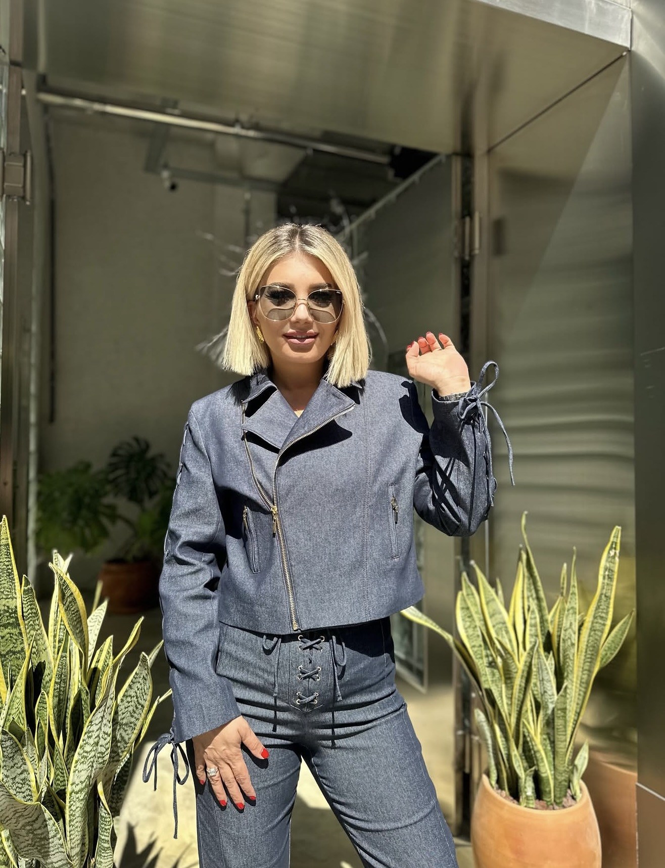 Tasarım Kuş Gözü Detaylı Denim Pantolon