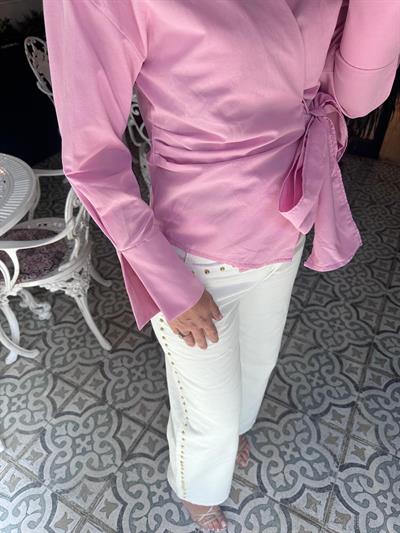Beyaz Gold Zımba Detay Tasarım Denim Pantolon 