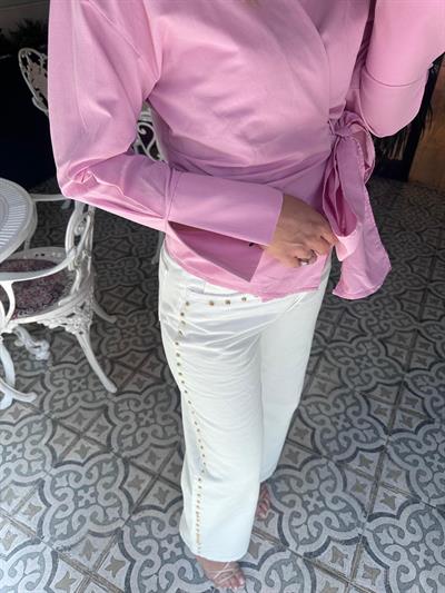 Beyaz Gold Zımba Detay Tasarım Denim Pantolon 