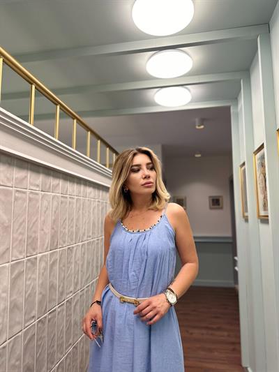 Boncuk Yaka Mavi Elbise