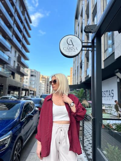 Bordo Düşük Omuz Oversize Gömlek