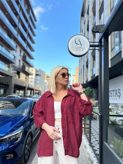 Bordo Düşük Omuz Oversize Gömlek