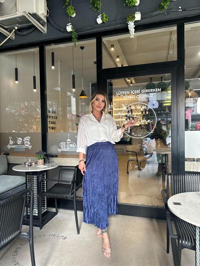 Buruşuk Saten Lacivert Etek