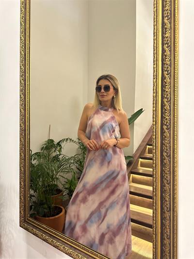 Desenli Yırtmaçlı Elbise