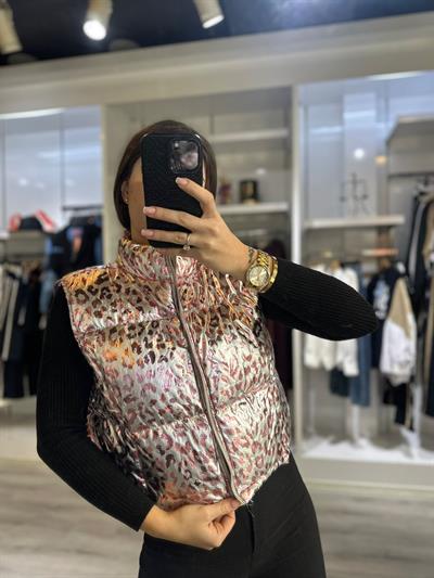 Gri Pembe Parlak Leopar Yelek