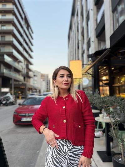Kırmızı Gold Düğme Örme Hırka