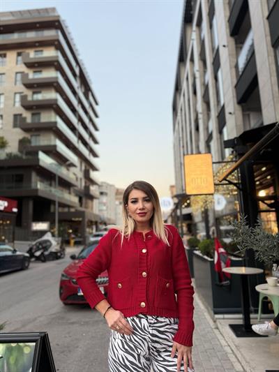 Kırmızı Gold Düğme Örme Hırka