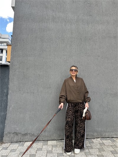 Leopar Şerit Detay Lastikli Pantolon