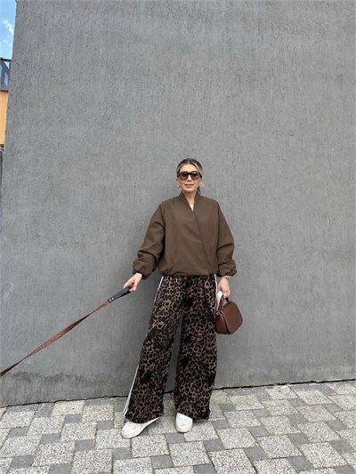 Leopar Şerit Detay Lastikli Pantolon