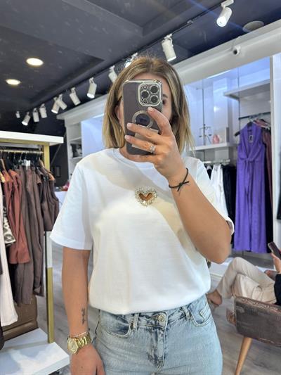 Silver Kalp Detay Beyaz Tshirt