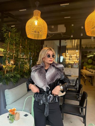 Siyah Kürk Detay Deri Mont
