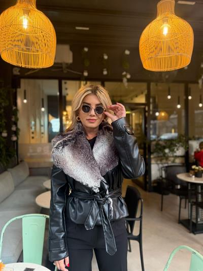 Siyah Kürk Detay Deri Mont