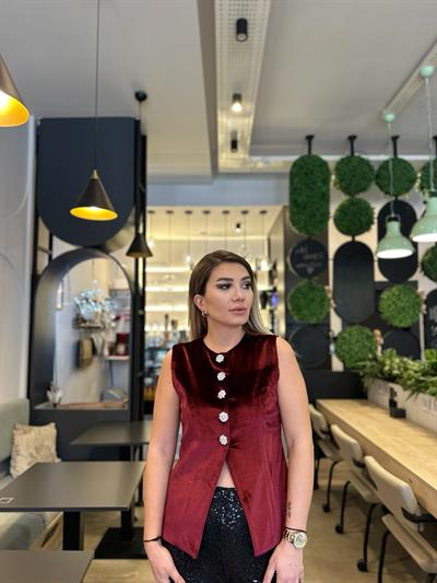 Bordo Taş Düğme Detay Kadife Yelek