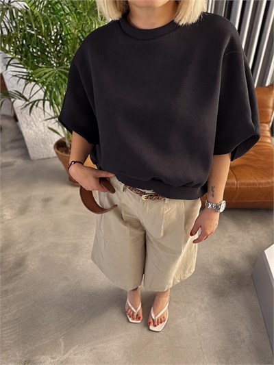 Siyah Yarasa Kol Üç İp Sweatshirt