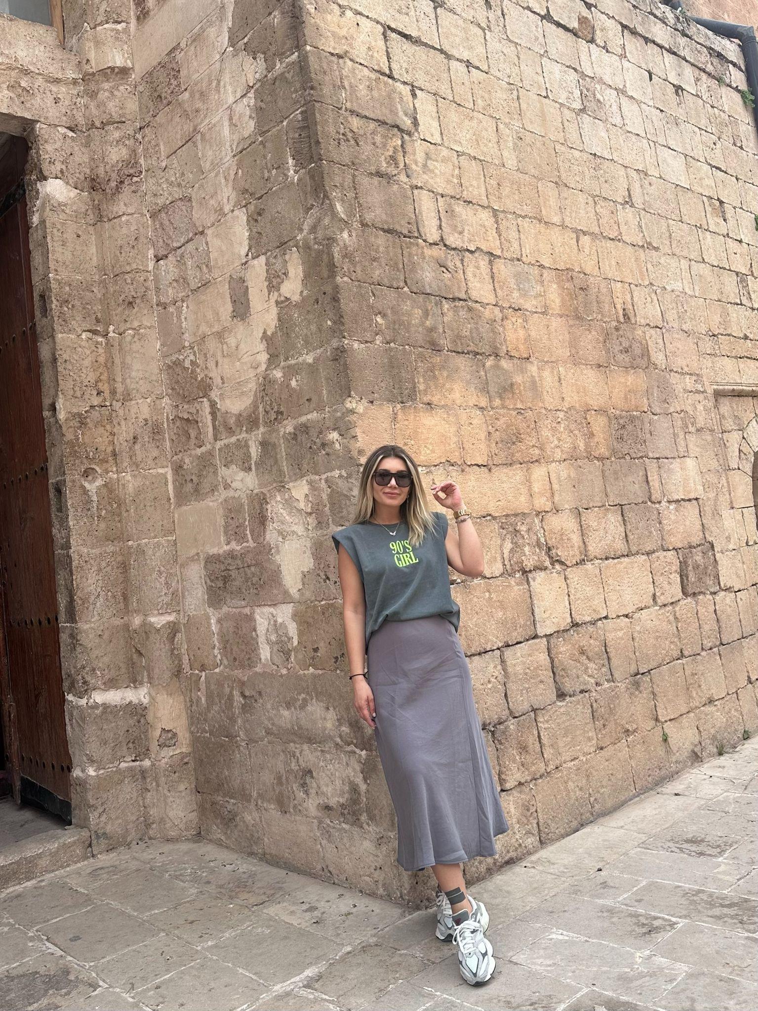 Gri Saten Lastikli Etek