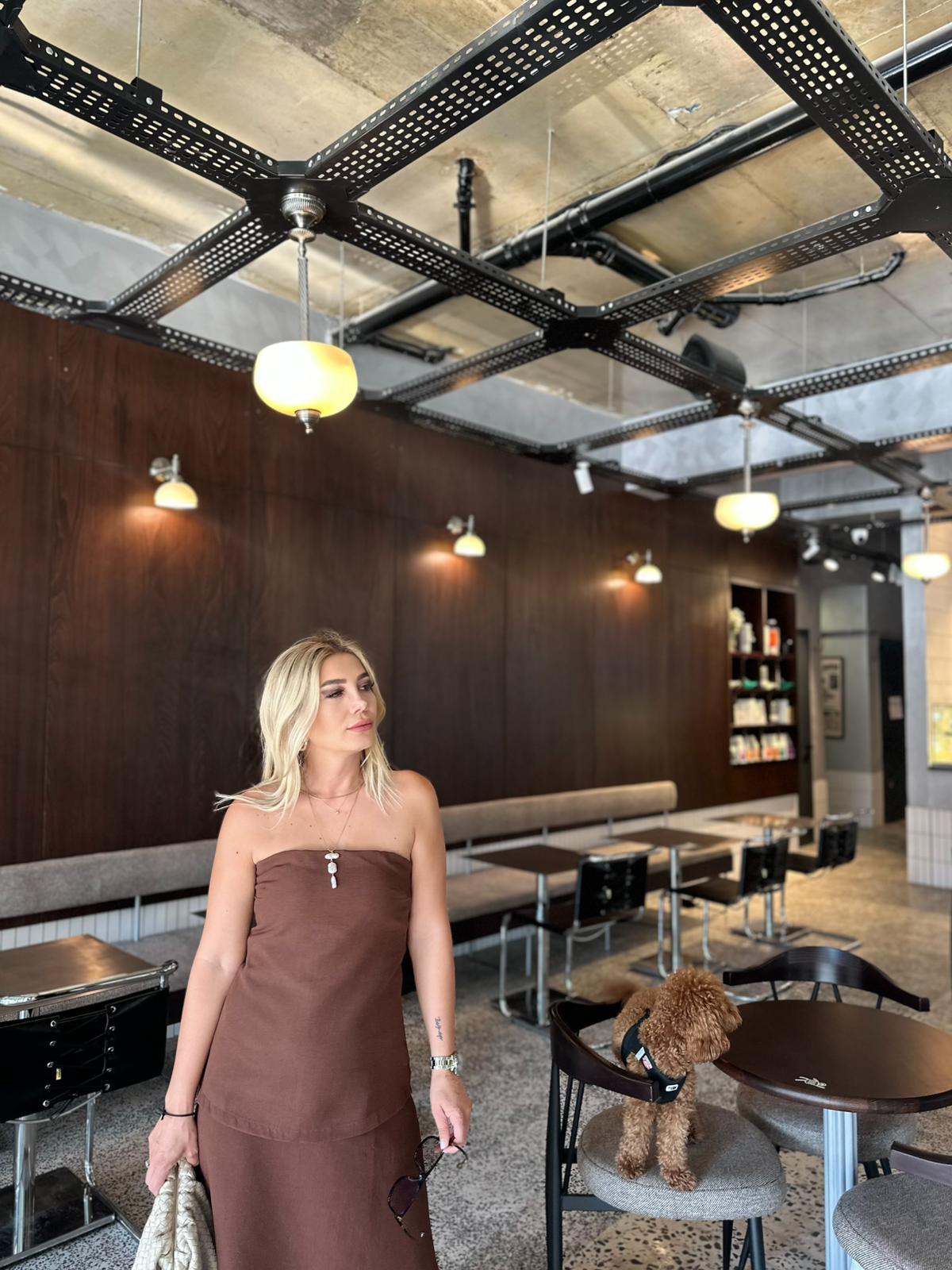 Kahve Straplez Tasarım Elbise
