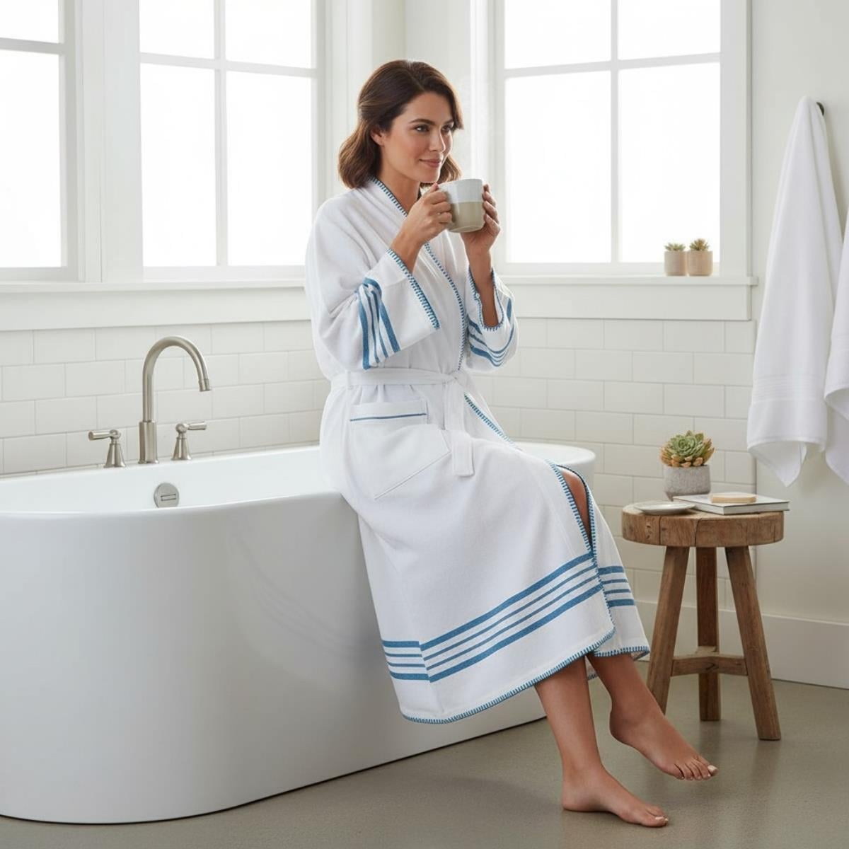 White Coban Sultan Bathrobe Kimono White - Petrol Blue