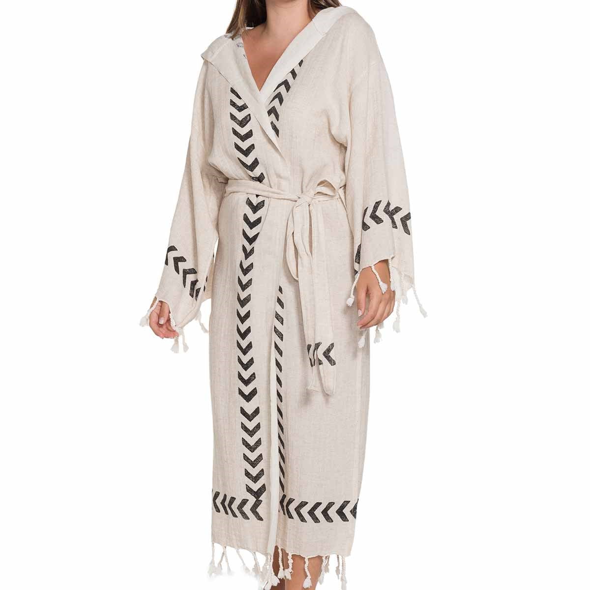 Dicle Bathrobe Hand Printed Natural - Black