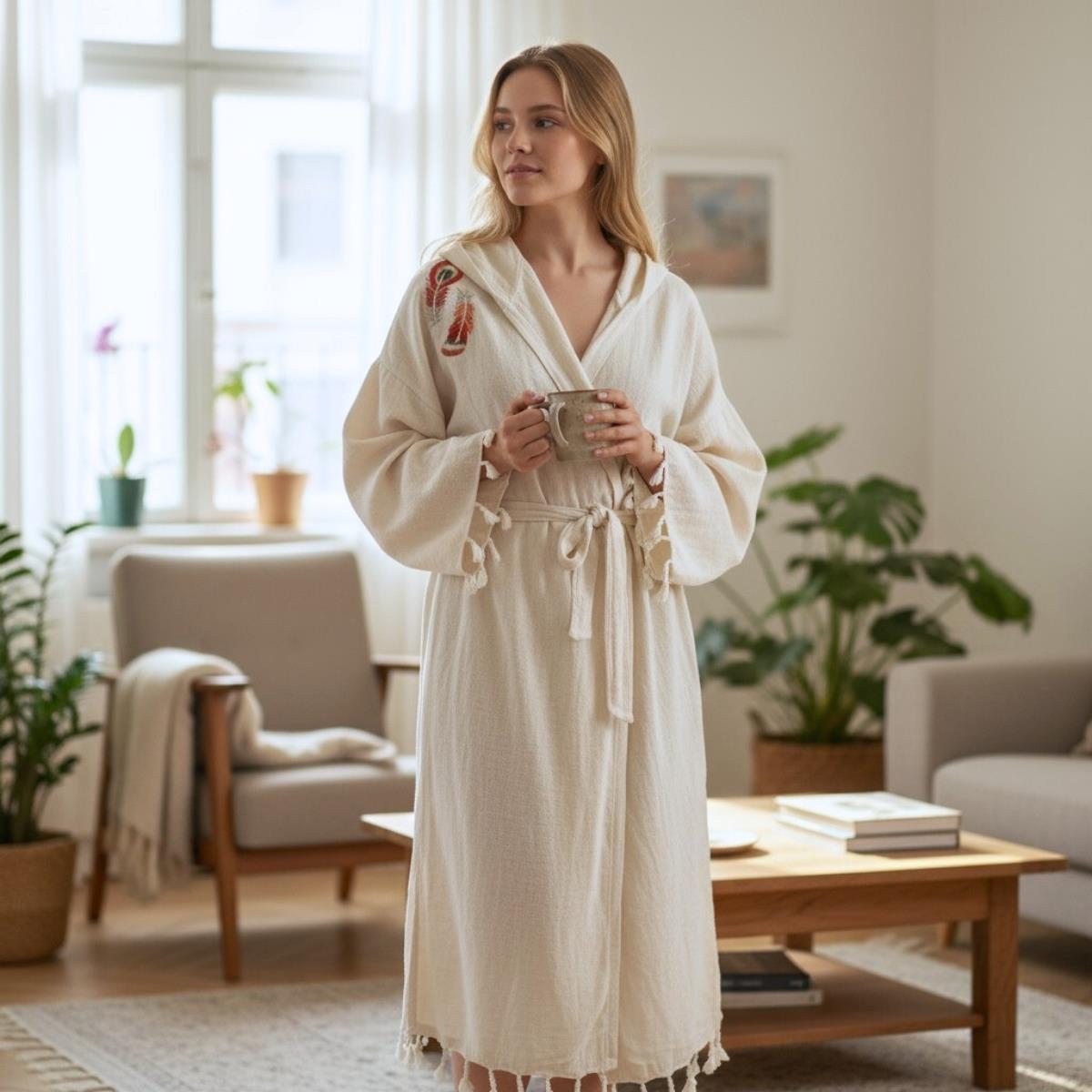 El İşlemeli Kapüşonlu Bornoz Ham