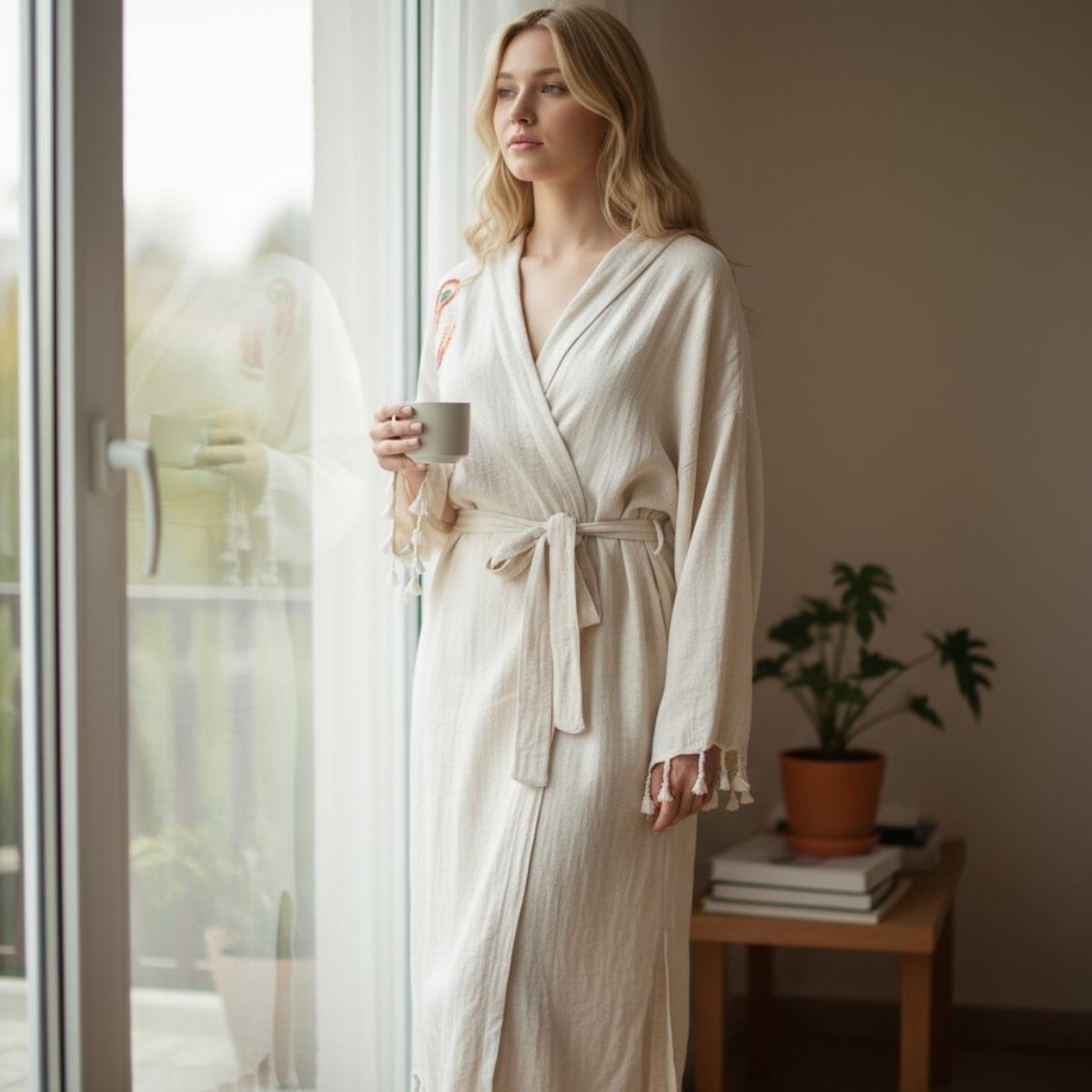 El İşlemeli Kapüşonlu Bornoz Ham