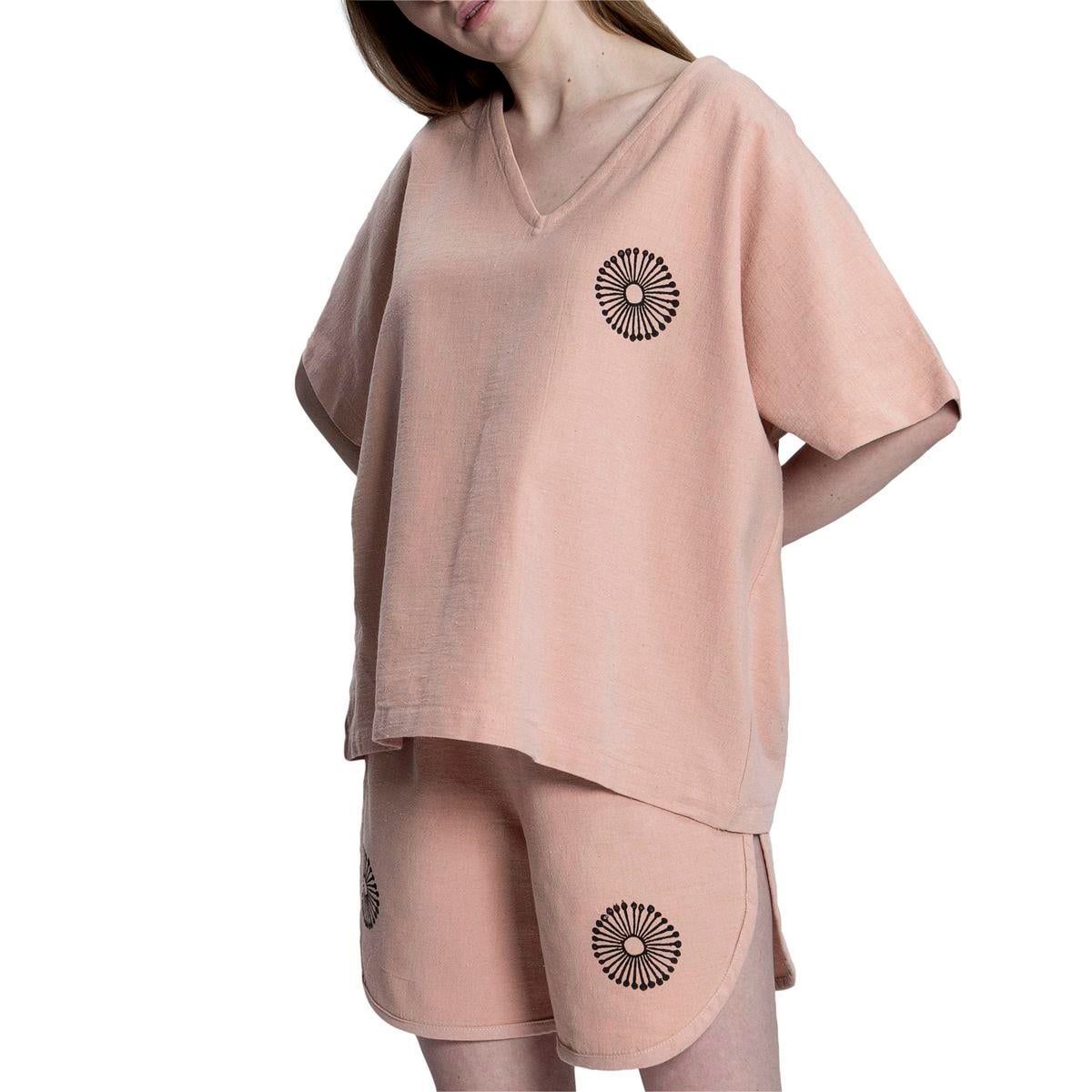 Stone Print Tasseled Blouse Rose Pink