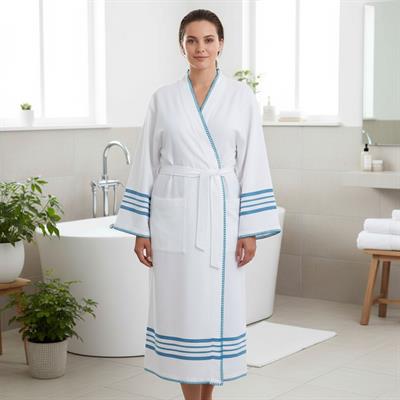 White Coban Sultan Bathrobe Kimono White - Petrol Blue