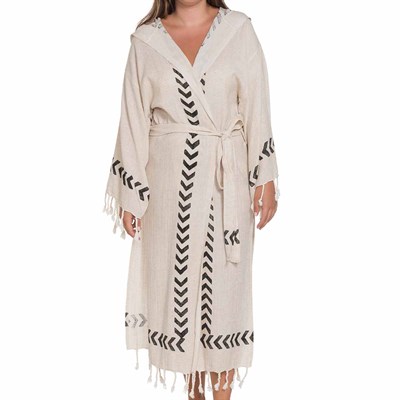 Dicle Bathrobe Hand Printed Natural - Black