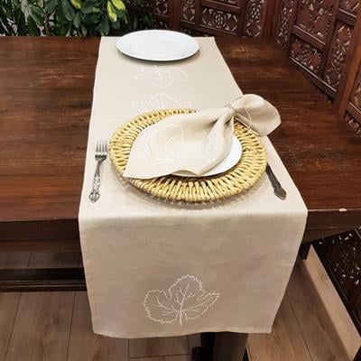 El Baskılı Yaprak Runner Bej - Beyaz