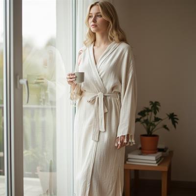 El İşlemeli Kapüşonlu Bornoz Ham