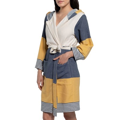 Twin Sultan Bathrobe with Hood Navy - Yellow - Natural